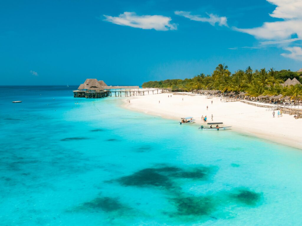 Scenic view of Zanzibar's stunning coastline, featuring white-sand beaches, palm trees, and crystal-clear turquoise waters, against the backdrop of historic Stone Town and vibrant local markets, showcasing the island's natural beauty and cultural charm.